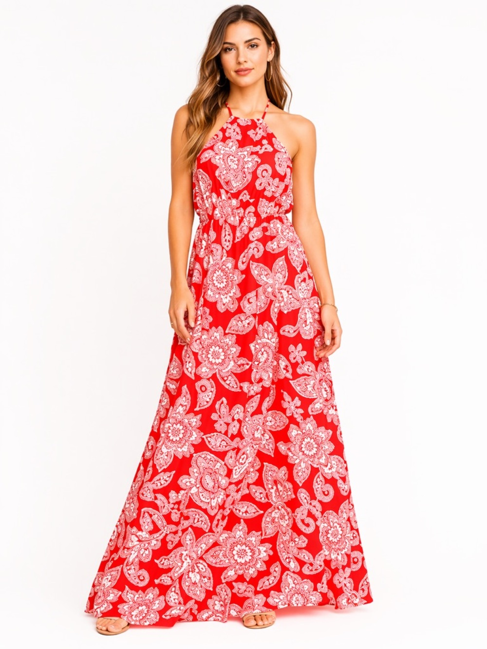 Show Me Your Mumu Heather Halter Maxi Dress Red White Paisley XS Boho Summer